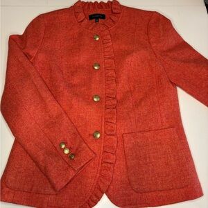 Talbots Orange Wool Blend Blazer with Gold Buttons Ruffle Trim Peplum Size 8
